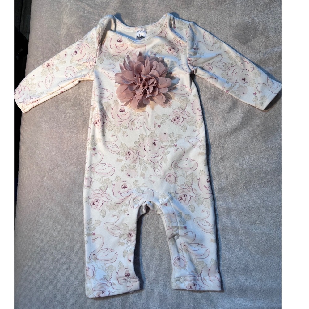 Baby Essentials 6M Pink Swan Rose Floral Long Sleeve Romper 3D Flower Applique